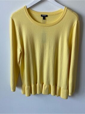 Express Light Yellow Ruffle-Hem Crewneck Sweater